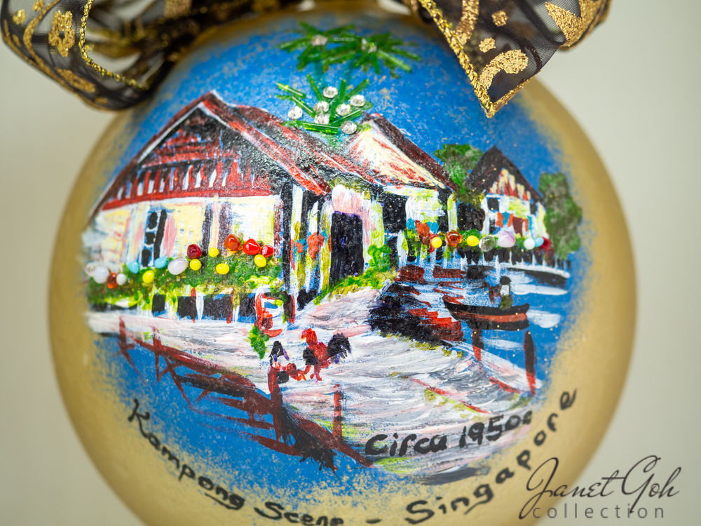 6" dia Hand painted Glass Ball - Malay Kampong - Singapore series Christmas Tree Ornament