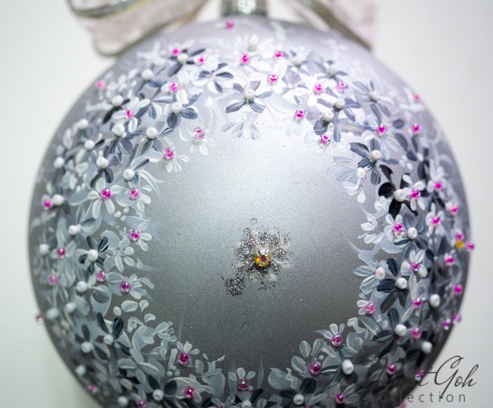 6" dia Hand painted Glass Ball - Silver Pansies - Christmas Tree Ornament