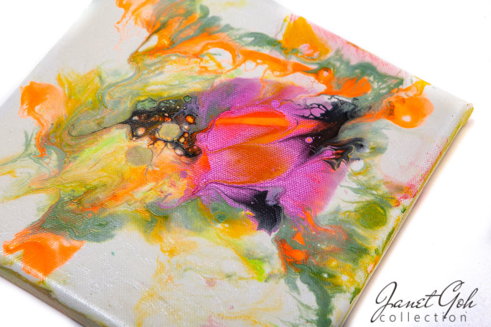 8-inch Square - Abstract Floral with Orange Highlights - Acrylic Pour Painting