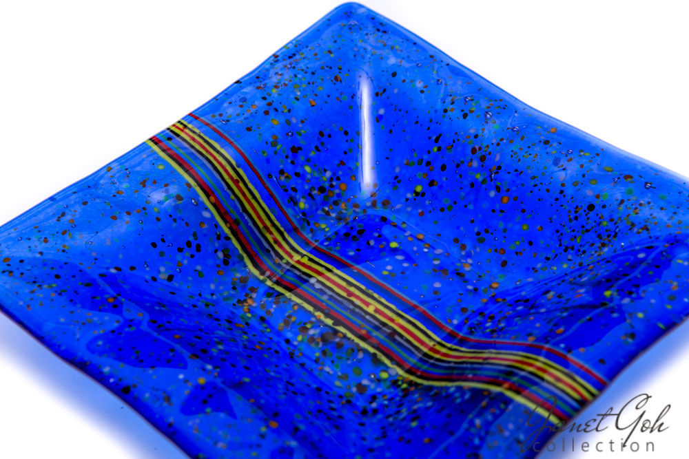 8-inch Square Fused Glass Ash Tray - Blue w/stringers