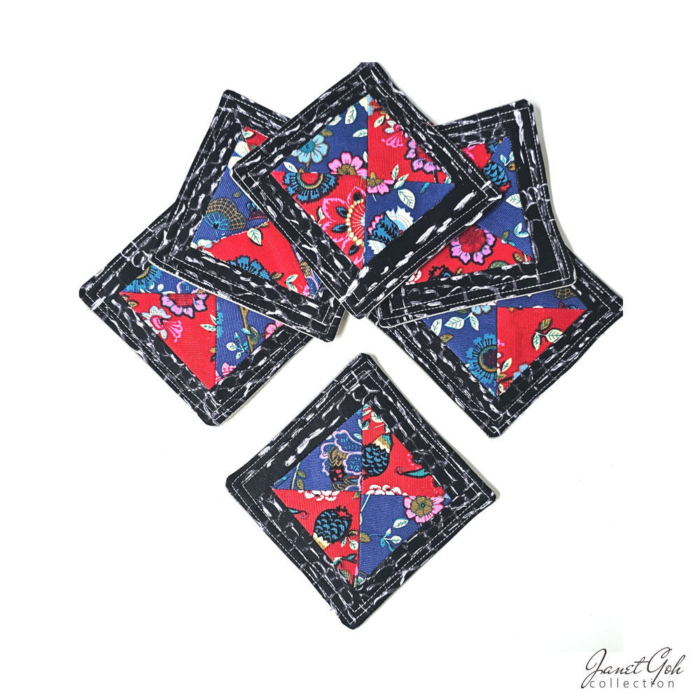 Floral Harmony - Upcycled Fabric Pot Holders - 5" Sq - Set of 6