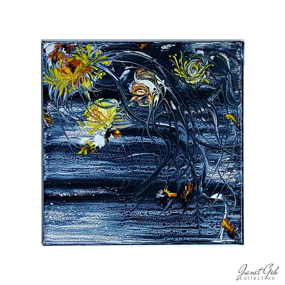 Midnight Blossoms - 12" x 12" Acrylic Pour Painting