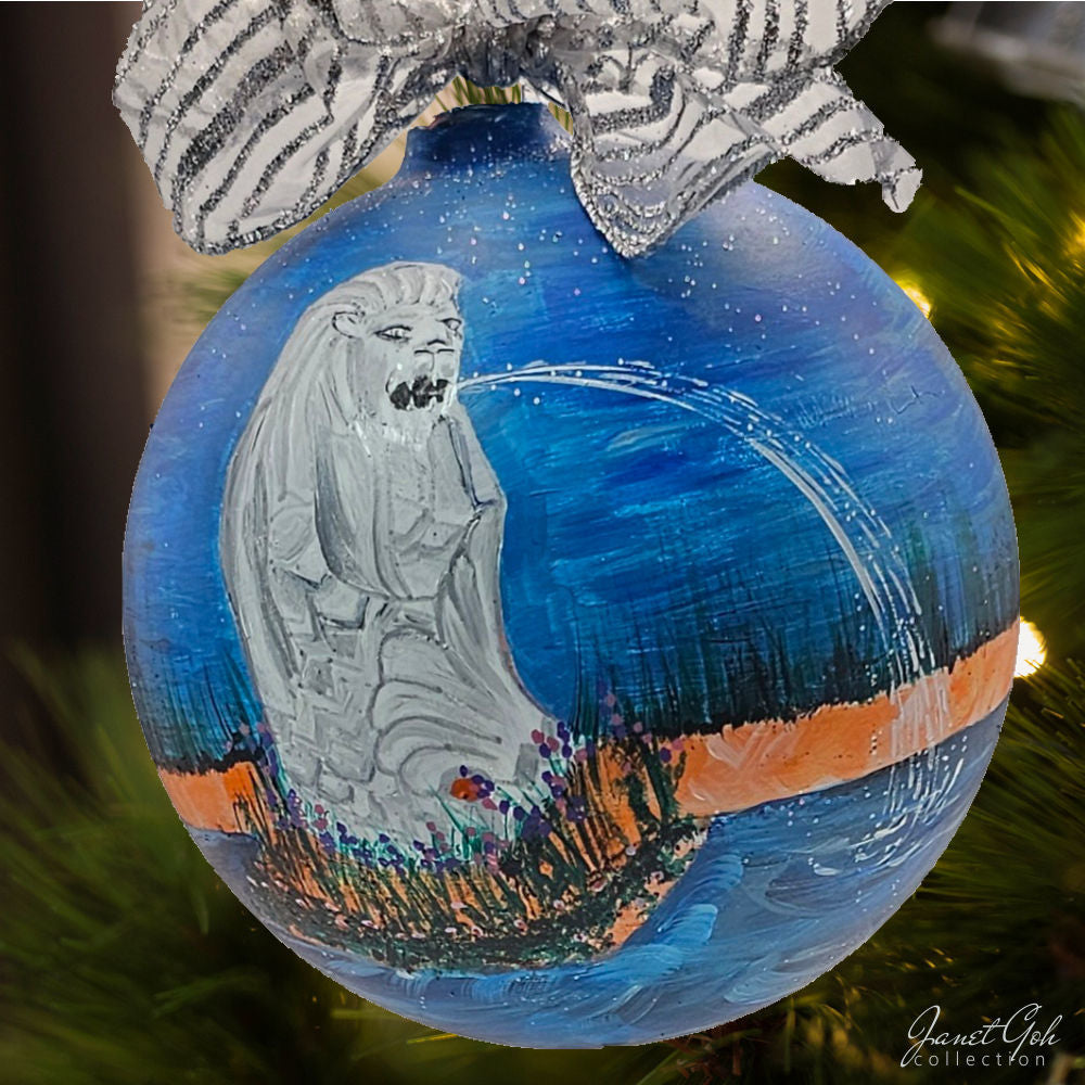 6" dia Hand painted Glass Ball - Merlion - Singapore series Christmas Tree Ornament