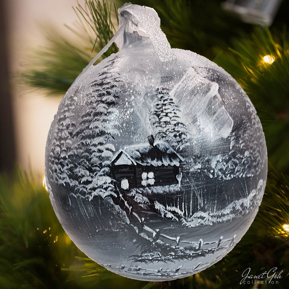 6" dia Hand painted Glass Ball - Winter's Quiet Refuge - Christmas Tree Ornament