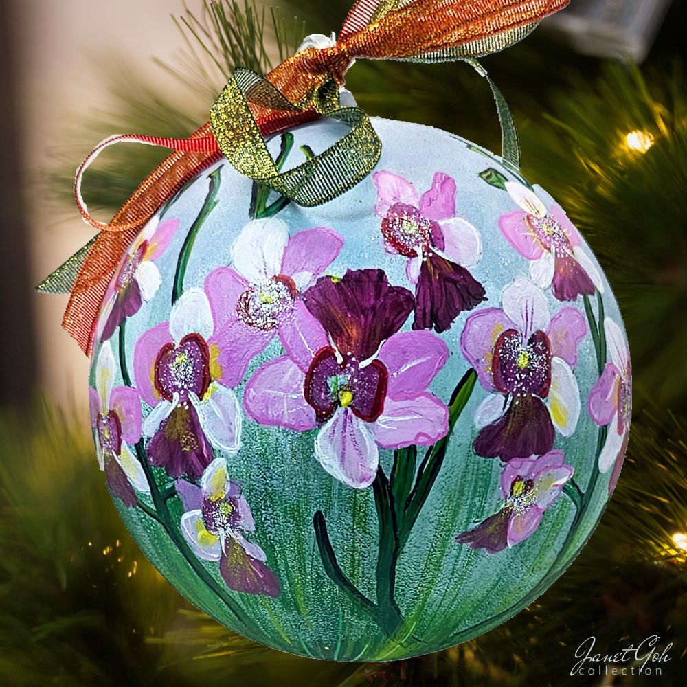 6" dia Hand painted Glass Ball - Ms Joachim Orchid - Singapore series Christmas Tree Ornament