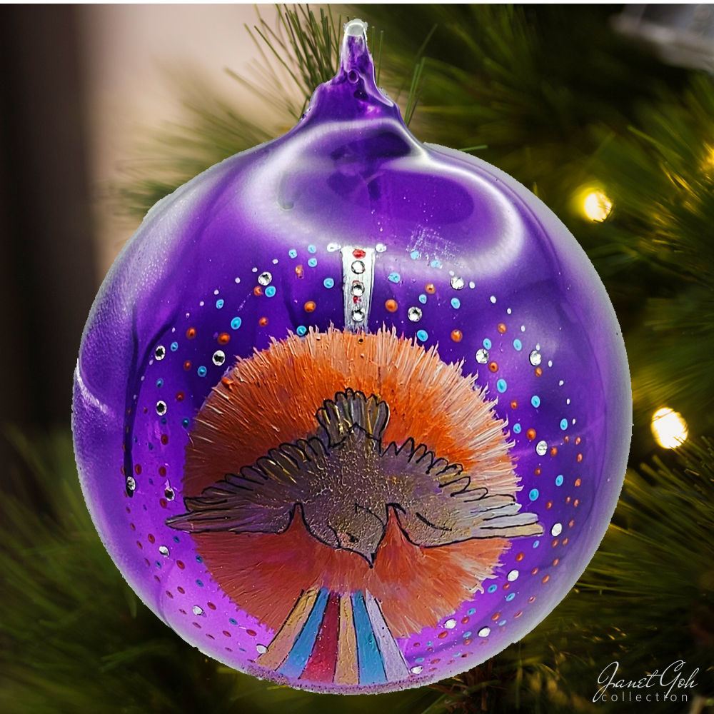 6" dia Hand painted Glass Ball - Flight of Peace (purple) - Christmas Tree Ornament