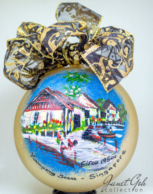 6" dia Hand painted Glass Ball - Malay Kampong - Singapore series Christmas Tree Ornament
