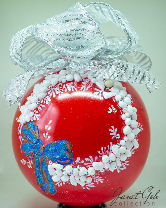 6" dia Hand painted Glass Ball - Flora Wreath - Christmas Tree Ornament