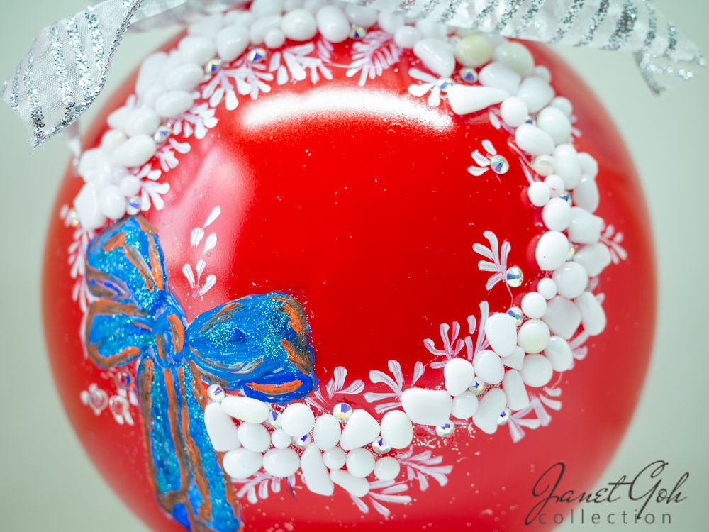 6" dia Hand painted Glass Ball - Flora Wreath - Christmas Tree Ornament