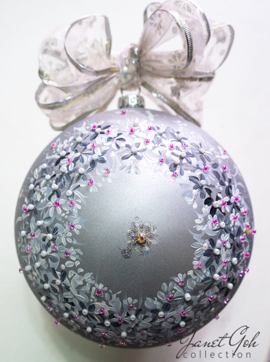 6" dia Hand painted Glass Ball - Silver Pansies - Christmas Tree Ornament