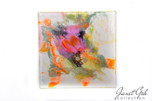 8-inch Square - Abstract Floral with Orange Highlights - Acrylic Pour Painting