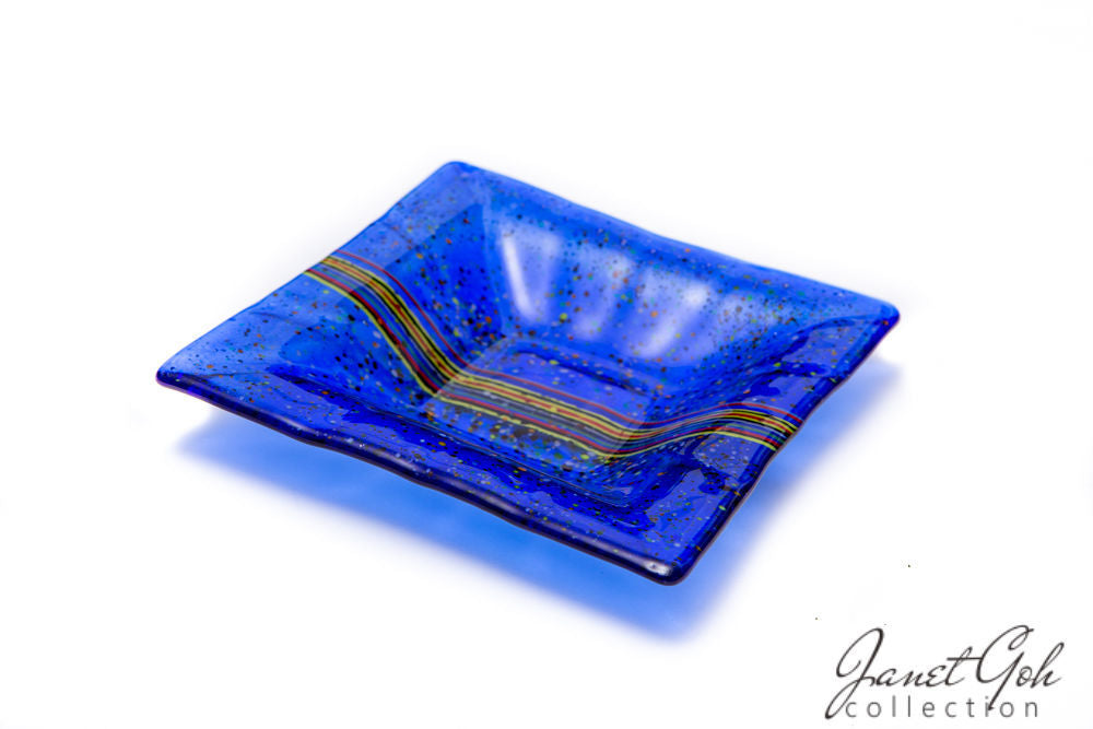 8-inch Square Fused Glass Ash Tray - Blue w/stringers