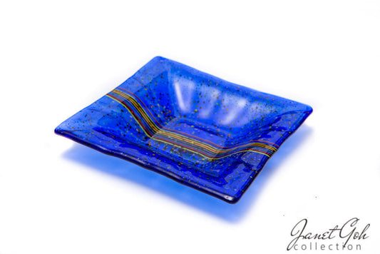 8-inch Square Fused Glass Ash Tray - Blue w/stringers