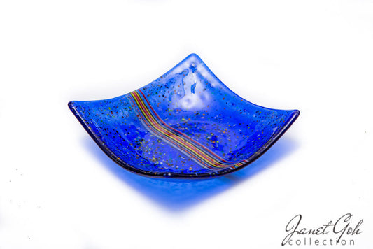 7-inch Square Fused Glass Candy Tray - Blue w/stringers