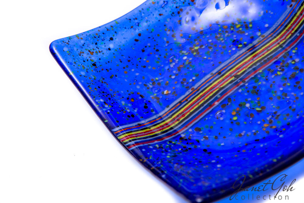 7-inch Square Fused Glass Candy Tray - Blue w/stringers