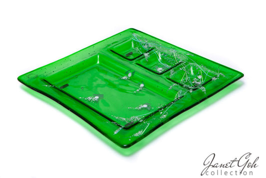 12-inch Square Fused Glass Sushi Plate - Green Spring