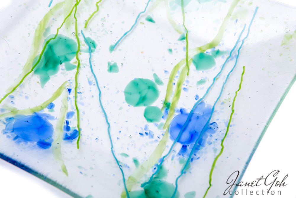 11-inch Square Fused Glass Plate - Abstract Blots