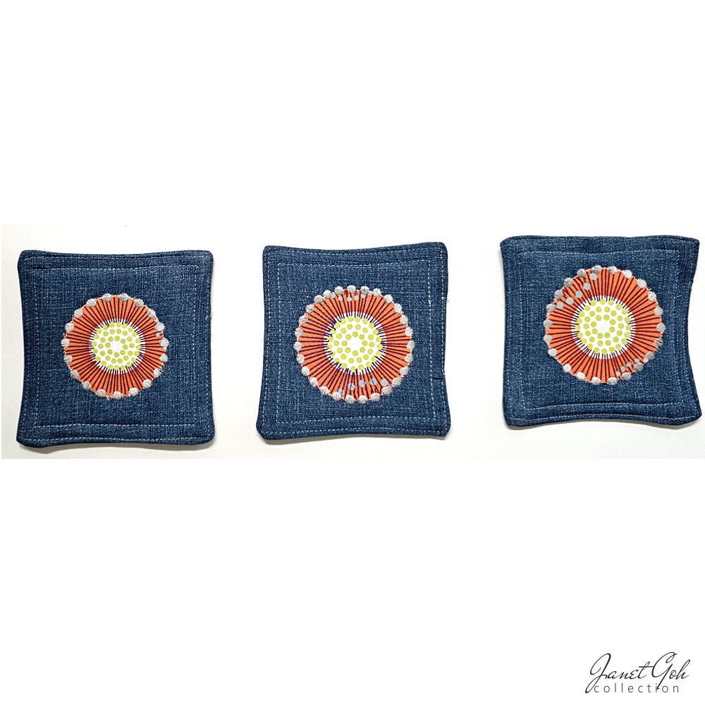Denim Daisies - Fabric Coasters - Set of 3 - 5" x 5"