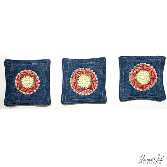 Denim Daisies - Fabric Coasters - Set of 3 - 5" x 5"
