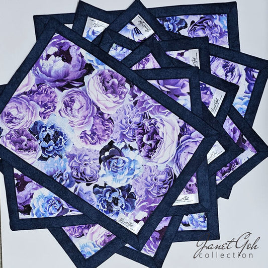 Rose Garden Reverie - Table Mat - Blue - 12" x 17" - Set of 8