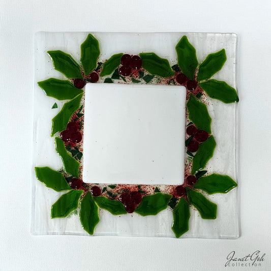 Fused Glass Piece - Holiday Wreath Candle holder - 25cm x 25cm