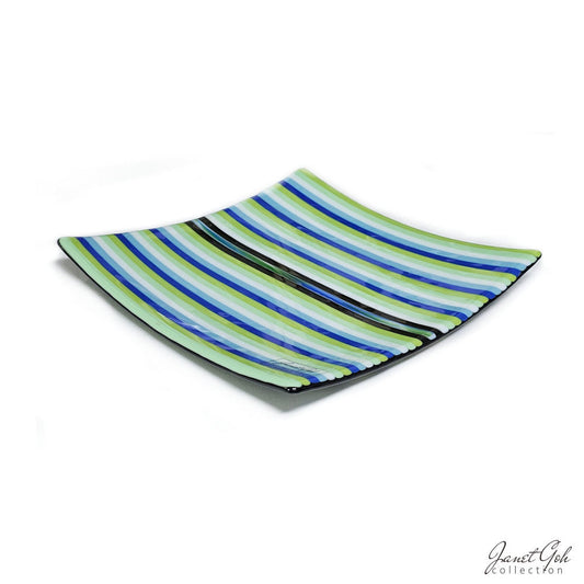 Green & Blue Striped Fused Glass Plate -  9" x 9"