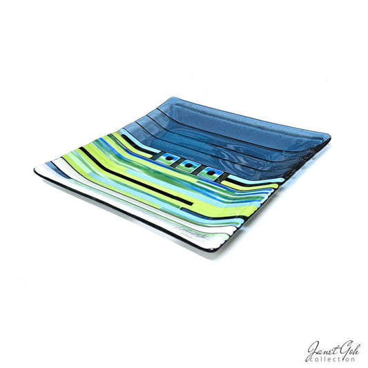 Green and Blue Striped Fused Glass Plate with Black Stringers - 9" x 9"