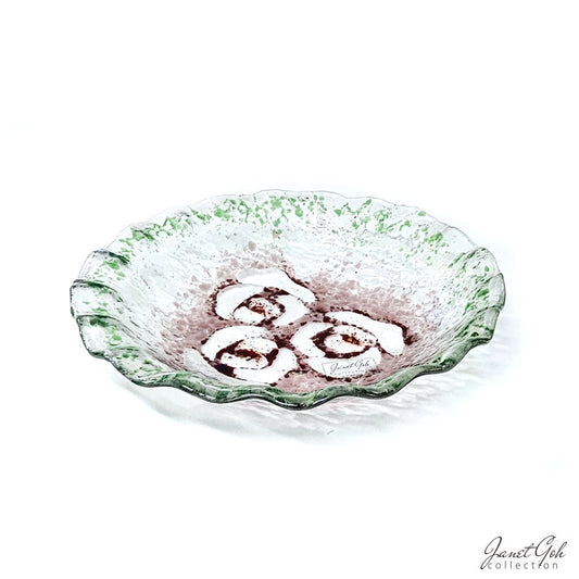 Nature's Harmony 3 roses  - Fused Glass Round Plate - 11" dia x 2" depth