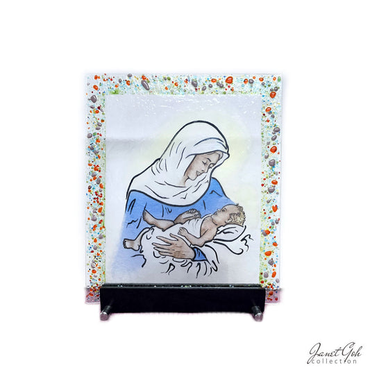 Mary and Baby Jesus - Glass Painted and Fritography Panel - 11.75" x 14" with stand