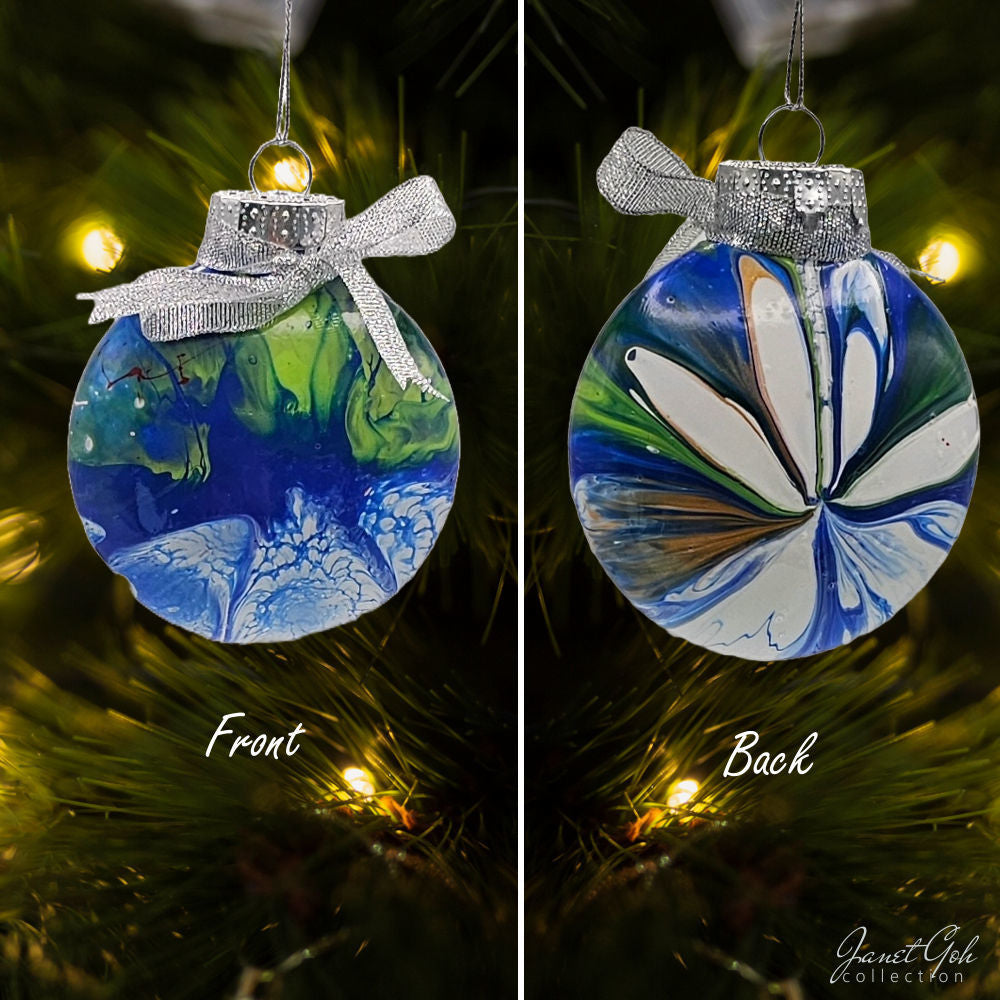 8cm dia Floral Frost Whirl V1- Acrylic Pour Painted Christmas Ornament - Sold as a pair - 6 sets available