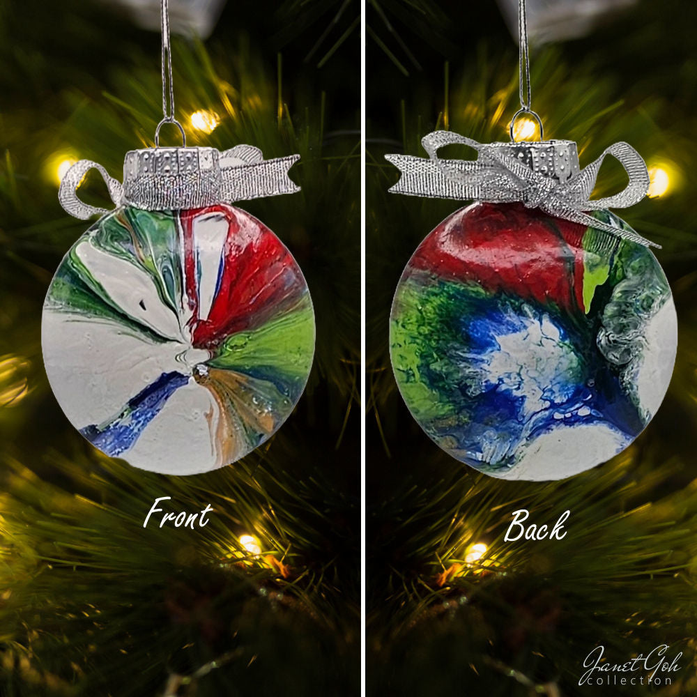 8cm dia Floral Frost Whirl V1- Acrylic Pour Painted Christmas Ornament - Sold as a pair - 6 sets available