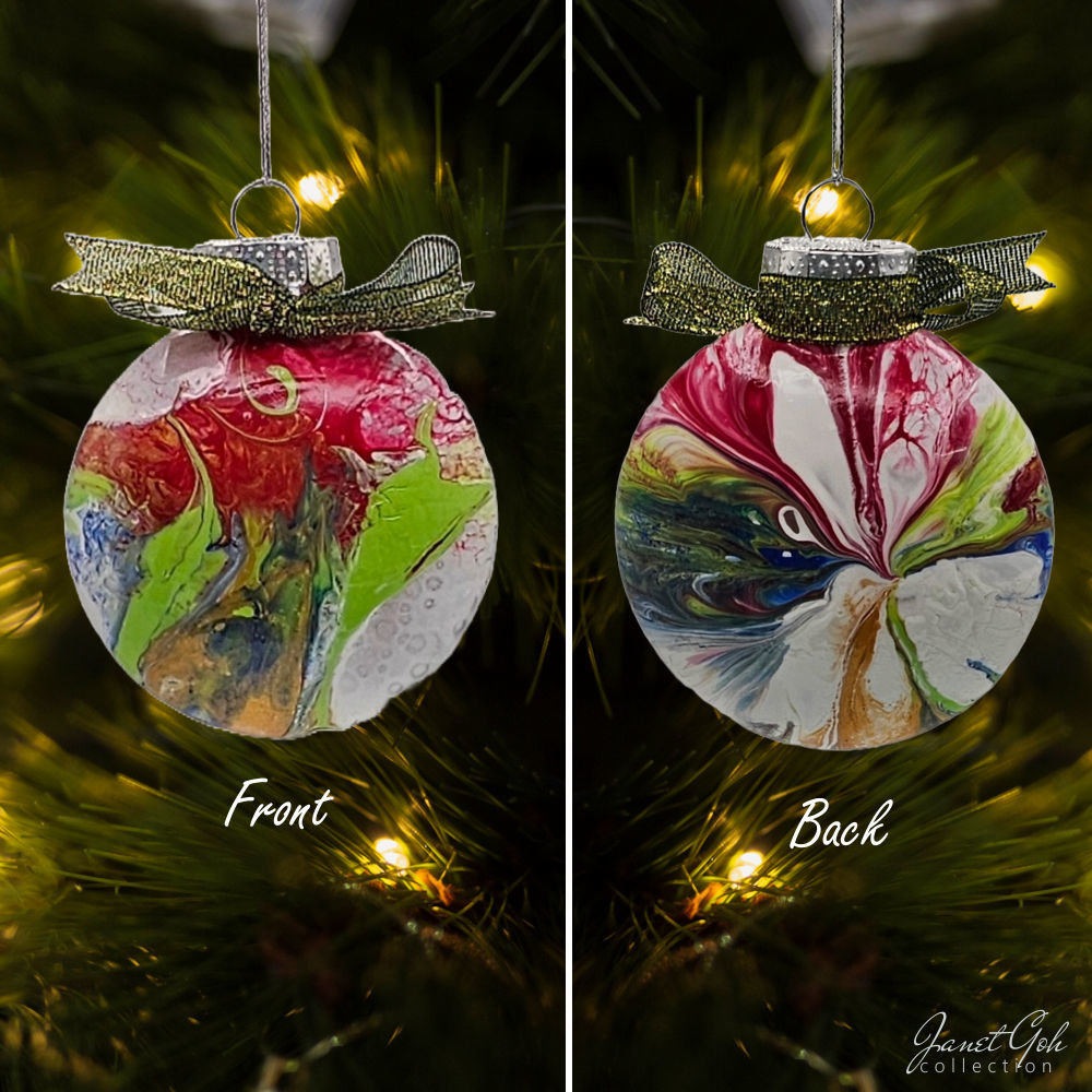 8cm dia Floral Frost Whirl V1- Acrylic Pour Painted Christmas Ornament - Sold as a pair - 6 sets available