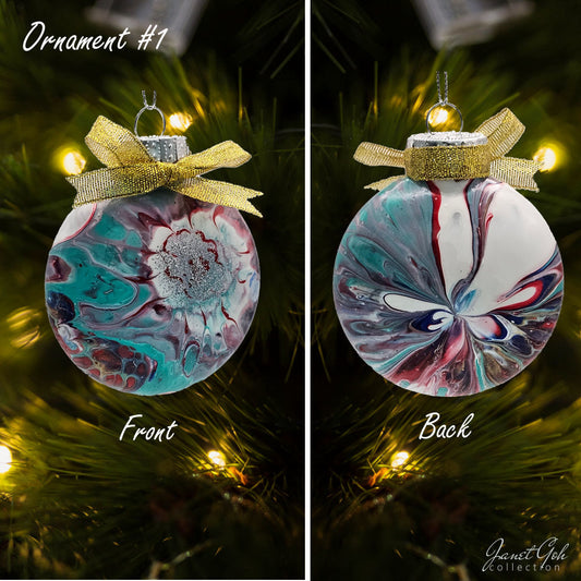 8cm dia Floral Frost Whirl V1- Acrylic Pour Painted Christmas Ornament - 9 sets available - Sold as a set of 4 ornaments