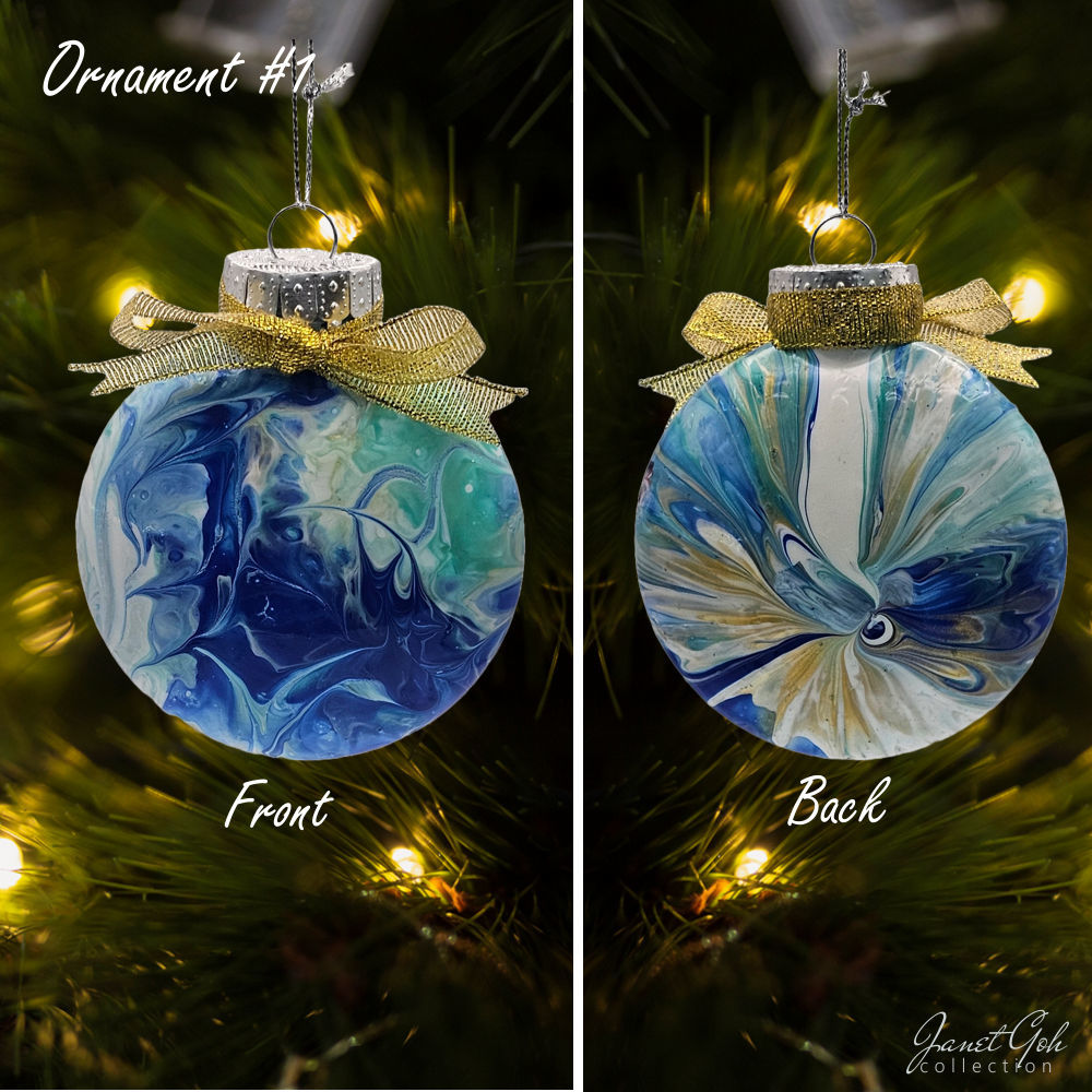 8cm dia Floral Frost Whirl V1- Acrylic Pour Painted Christmas Ornament - 9 sets available - Sold as a set of 4 ornaments