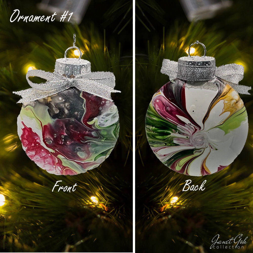 8cm dia Floral Frost Whirl V1- Acrylic Pour Painted Christmas Ornament - 9 sets available - Sold as a set of 4 ornaments