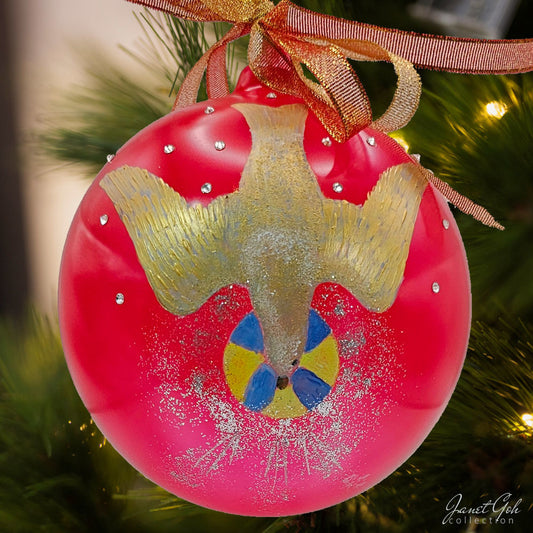 6" dia Hand painted Glass Ball - Flight of Peace (red) - Christmas Tree Ornament