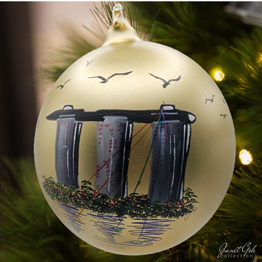 6" dia Hand painted Glass Ball - MBS Gold- Singapore series Christmas Tree Ornament