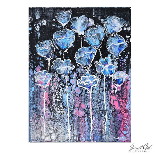 Midnight Blossoms II - 16" x 12" Acrylic Pour Painting