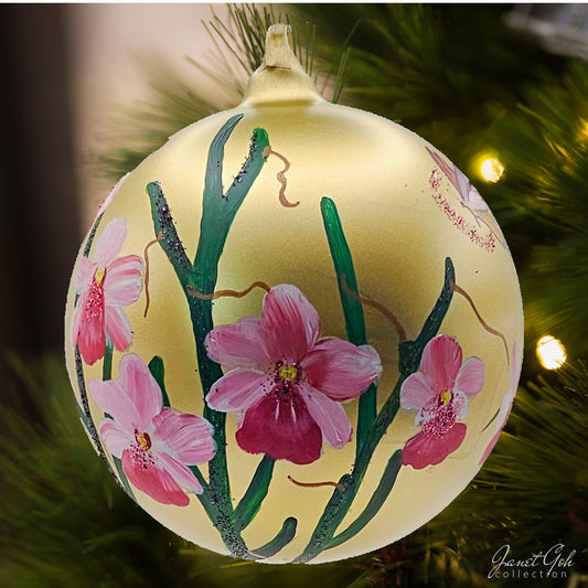 6" dia Hand painted Glass Ball - Ms Joachim Orchid II - Singapore series Christmas Tree Ornament