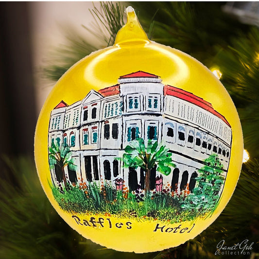 6" dia Hand painted Glass Ball - Raffles Hotel II - Singapore series Christmas Tree Ornament