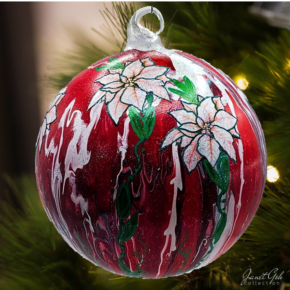 6" dia Glass Ball - Crimson Blooms