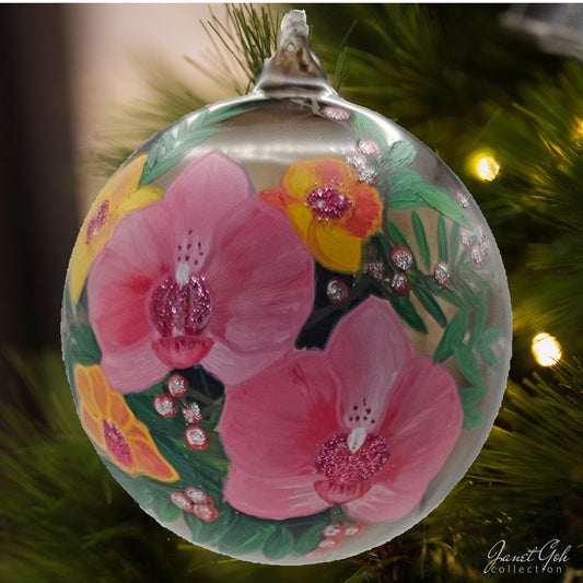 6" dia Hand painted Glass Ball - Tropical Blossom Delight - Christmas Tree Ornament