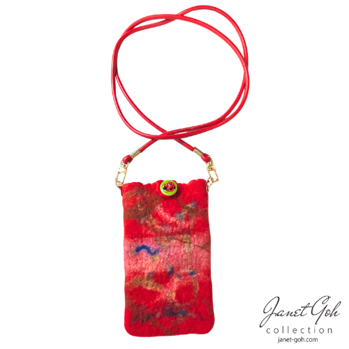 Crimson Harmony Felted Mobile Pouch - 4" x 7"