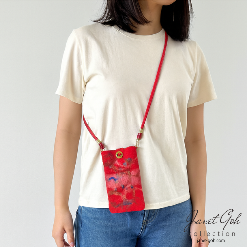 Crimson Harmony Felted Mobile Pouch - 4" x 7"