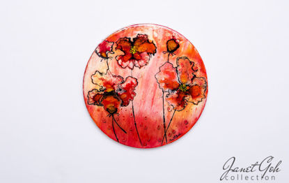 Picture of SOLD - 10-inch Round - Red Flowers - Acrylic Pour Painting