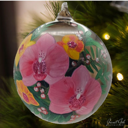 Picture of 6" dia Hand painted Glass Ball - Tropical Blossom Delight - Christmas Tree Ornament